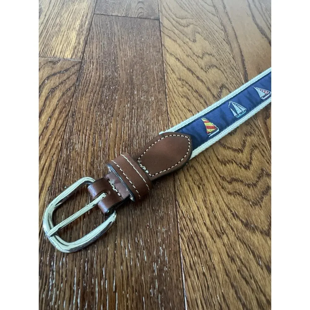 Sailboats Nautical Leather Tip Belt Mens 30 Khaki Web Brass Buckle Embroidered